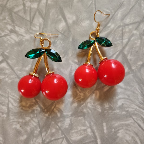 Big Cherry Charm Earrings, Red and Gold Retro Earrings. Thank you for shopping at my store.