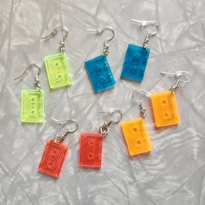 Neon Colored Cassette Tape Earrings, Neon Charm Earrings, Dangle 80&#39;s themed Earrings, Retro. Thank you for shopping at my store.