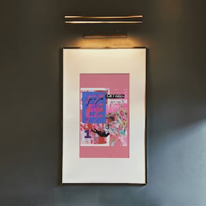 May include: A framed print with a pink background and a collage of colorful images. The text "fall 7 times get up 8" is printed in black on a white rectangle.