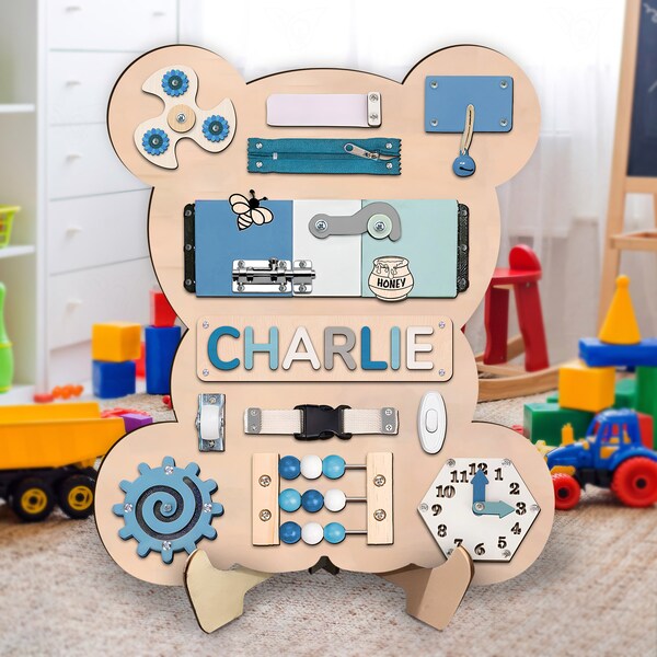 Personalized Blue Bear Busy Board For Baby Boy, Personalized Baby Gift Montessori Toys, Development Busy Board, BAby First Birthday Gift