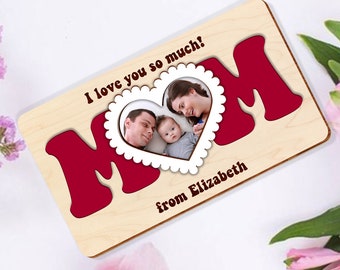 Personalized Mothers Day Photo Magnet, I Love You Mom Wooden Fridge Photo Magnet, Mother's Day Heart Photo Frame, Gift for Grandma