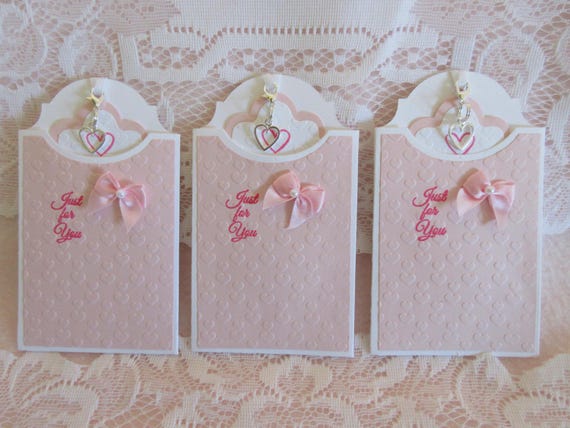 Set of 3 Valentine gift card or money holders, made from card stock, hand die cut,embossed, teacher gifts, detachable heart charm