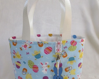 Fabric Easter tote for little children.  Open tote, box corners, fully lined, Use for Easter basket and as a tote for carrying toys, books