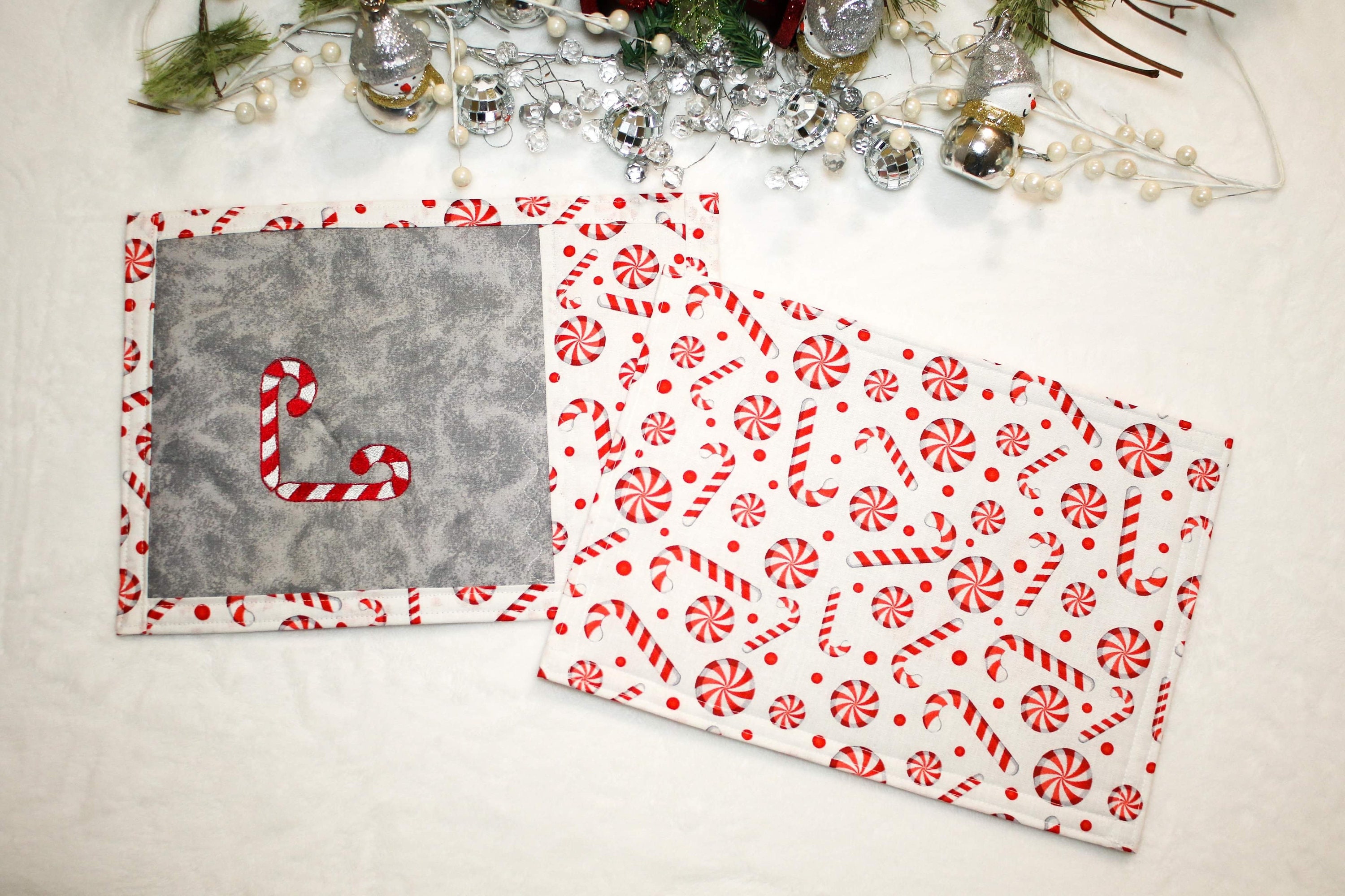 Christmas Candy Cane Fabric Mug Rugs, Reversible Set of 2 Coasters - Etsy
