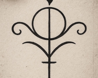 May include: Black ink drawing of a stylized symbol on aged paper. The design features a central vertical line with a circle at the top, a flame above, and a teardrop at the bottom. Swirls and cross-like shapes complete the design.