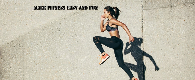 May include: A woman in athletic wear is running on a concrete surface. She wears a sports bra, black leggings with mesh cutouts, and orange and white running shoes. The text "MAKE FITNESS EASY AND FUN" is at the top.