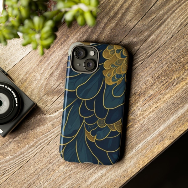 iPhone 15 Case Peacock Feather, Blue Gold Case, Modern Art, Bird Pattern, iPhone 14, 13, 12, 11, iPhone Max Pro Plus, Mini, Hard Case