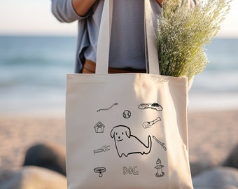 Cute Dog Cotton Canvas Tote Bag, Natural, Dog lover, everyday bag, shopping bag, grocery bag, Dog toys bag, dog bag, beach bag, gift