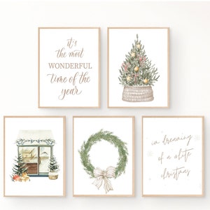 Kerstgalerijmuur, set van 5, kerstprintables, minimalistische kerstkunst, Boho Christmas printables, neutrale kerstkunst