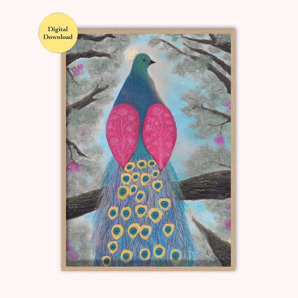 Peacock #1 Printable Art/Animal Forest Art Printable/Mystical Beauty Art/Traditional Oil Pastel Painting/A3/Digital Download