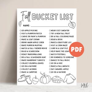 Fall Bucket List for Kids and Family Bucket List Printable Fall Activity Fall To Do List, Fall Checklist, Fall Printable Autumn Bucket List