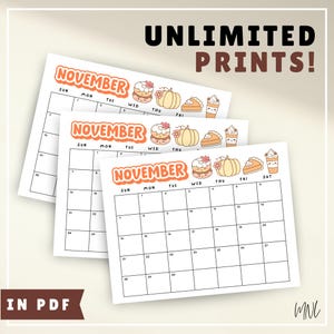 May include: Three identical printable November calendar pages featuring a grid layout. The header displays the word NOVEMBER in orange bubble letters, accompanied by cute illustrations of a donut, pumpkin, pie slice, and coffee cup.