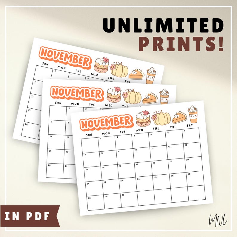 May include: Three identical printable November calendar pages featuring a grid layout. The header displays the word NOVEMBER in orange bubble letters, accompanied by cute illustrations of a donut, pumpkin, pie slice, and coffee cup.