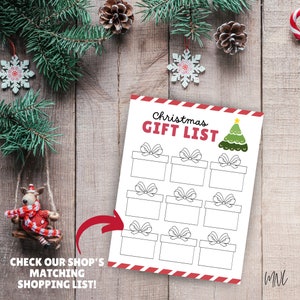 K&ouml;nnte beinhalten: Druckbare Weihnachtsgeschenkliste mit rotem und wei&szlig;em gestreiftem Rand. Die Liste hat neun K&auml;stchen mit Schleifen und einen Weihnachtsbaum oben. Der Text lautet "Weihnachtsgeschenkliste".