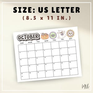 May include: A printable October calendar on US Letter paper measuring 8.5 by 11 inches. The header features the text OCTOBER with illustrations of a pumpkin, spider, ghost, and skull. The grid includes days of the week and numbered dates.