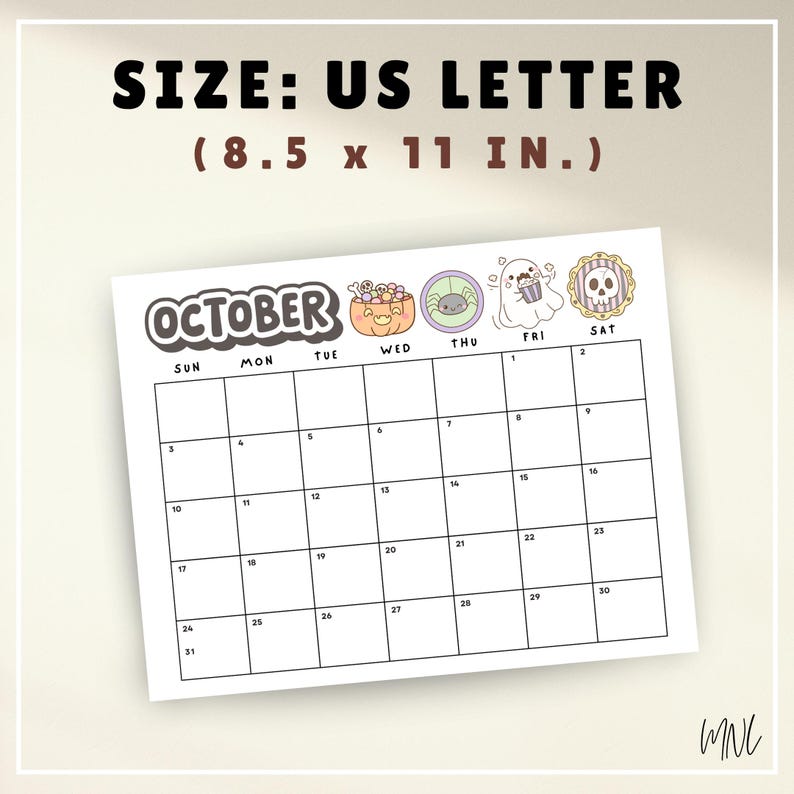 May include: A printable October calendar on US Letter paper measuring 8.5 by 11 inches. The header features the text OCTOBER with illustrations of a pumpkin, spider, ghost, and skull. The grid includes days of the week and numbered dates.