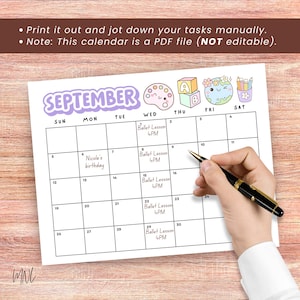 May include: A printable September calendar page featuring a purple header, a grid with handwritten entries for Ballet Lesson 4PM and Nicole's birthday, and cute illustrations of an art palette, alphabet blocks, a smiling earth, and pencils.