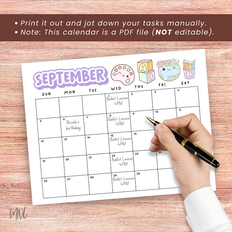 May include: A printable September calendar page featuring a purple header, a grid with handwritten entries for Ballet Lesson 4PM and Nicole's birthday, and cute illustrations of an art palette, alphabet blocks, a smiling earth, and pencils.