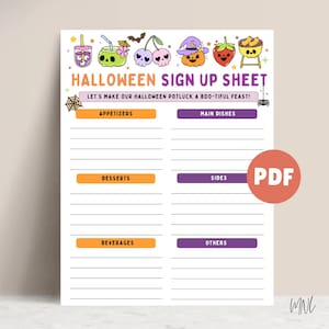 May include: A Halloween sign-up sheet with the text 'HALLOWEEN SIGN UP SHEET' and 'LET'S MAKE OUR HALLOWEEN POTLUCK A BOO-TIFUL FEAST!'. The page features colourful illustrations of skulls, a pumpkin, and a strawberry, with sections for food categories.
