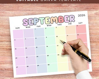 Calendario imprimible 2026, plantilla editable en Canva, planificador minimalista 2026, calendario mensual, descarga digital.