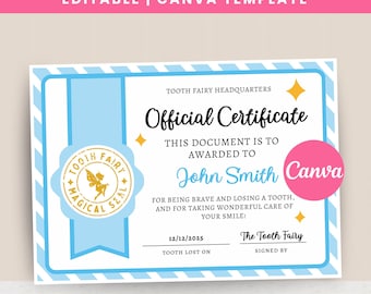 Certificado da Fada do Dente para Dente Perdido, Azul, Certificado Editável para Menino, Modelo Personalizável do Canva, Download Digital, Imprimível