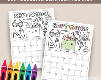 May include: A 2027 coloring calendar for kids featuring two September pages with school supply illustrations like glasses, a pencil, a calculator, and a smiling crayon box. Six colorful crayons are lined up at the bottom of the image.