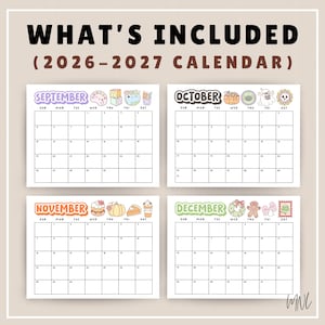 May include: A 2026-2027 calendar page set featuring four monthly grids for September, October, November, and December. Each month includes colorful, cartoon-style illustrations of seasonal items like pumpkins, ghosts, and holiday treats.