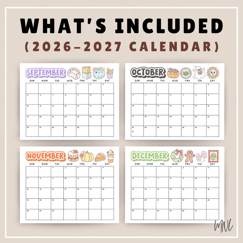 May include: A 2026-2027 calendar page set featuring four monthly grids for September, October, November, and December. Each month includes colorful, cartoon-style illustrations of seasonal items like pumpkins, ghosts, and holiday treats.