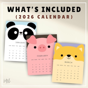Puede incluir: Un conjunto de tres calendarios de 2026 con ilustraciones de animales. Los calendarios son para enero (panda), febrero (cerdo) y marzo (perro). Cada calendario tiene una cara de animal diferente y el nombre del mes. El texto "WHAT'S INCLUDED" est&aacute; en la parte superior.