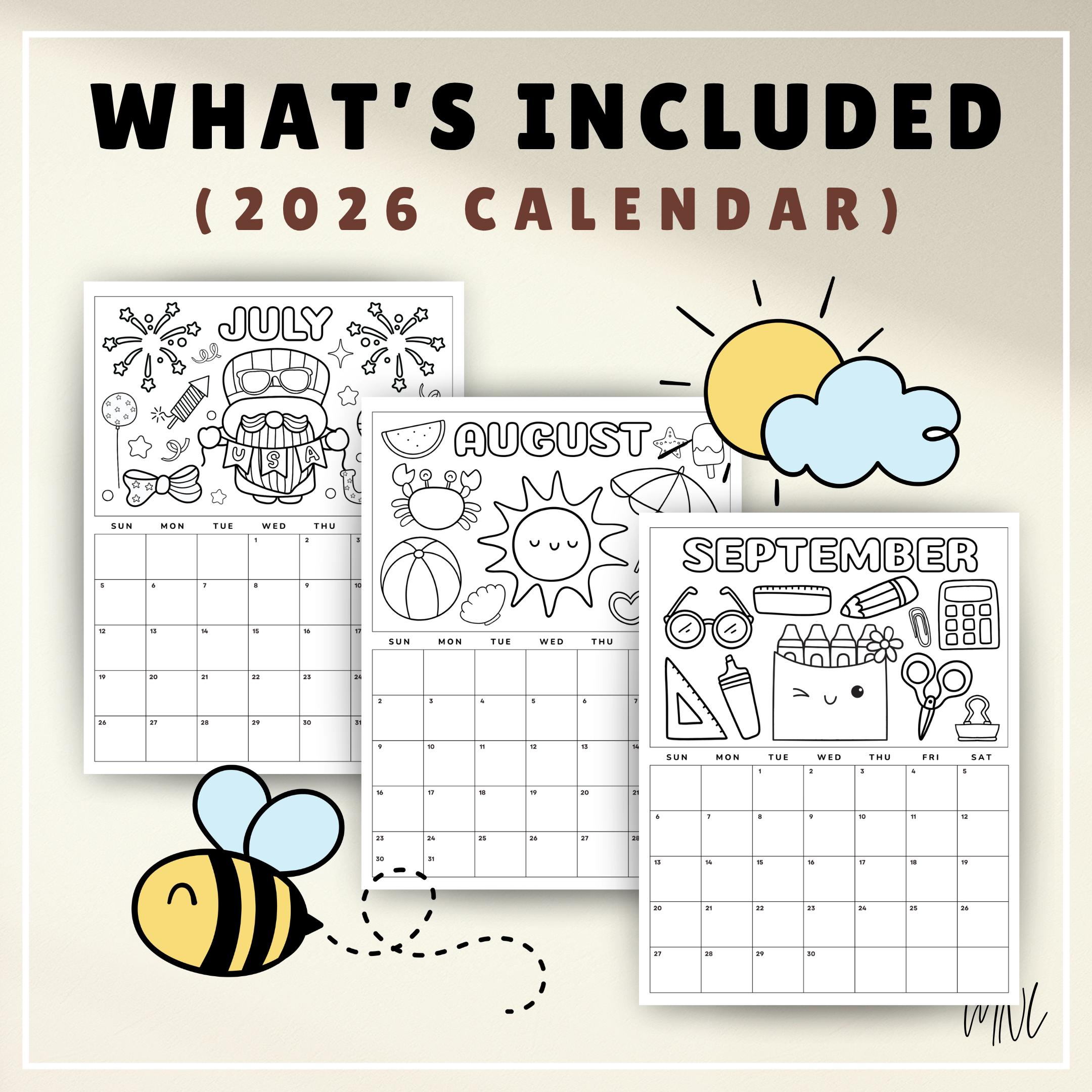 Kids Monthly Calendar 2026, Printable Coloring Calendar for Kids, 2026 ...