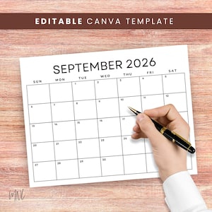 Kalendarz 2026 Kalendarz do druku, Edytowalny szablon kalendarza w Canva, Minimalistyczny kalendarz 2026 Planner, Kalendarz miesięczny, Pobieranie cyfrowe