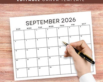 Calendario imprimible 2026, plantilla editable en Canva, planificador minimalista 2026, calendario mensual, descarga digital.