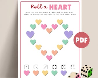 Roll a Heart Game for Valentine Party Game Printable Valentines Activity for Kids and Adults, Candy Dice Game, Rolling Hearts Game PDF