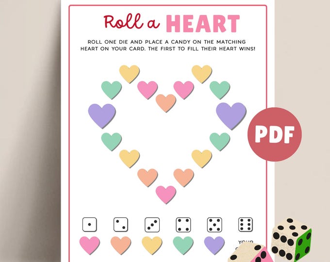 Valentines Day Candy Dice Game, Printable Rolling Hearts Valentine ...