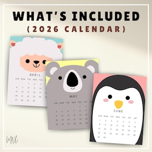 Puede incluir: Tres tarjetas de calendario ilustradas de 2026 que muestran abril, mayo y junio. Las tarjetas presentan una oveja, un koala y un ping&uuml;ino. El texto &laquo;&nbsp;WHAT'S INCLUDED&nbsp;&raquo; est&aacute; en la parte superior. Las tarjetas del calendario tienen un tema de animales lindos.