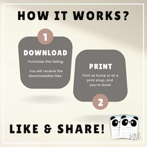 Puede incluir: Infograf&iacute;a con el texto "HOW IT WORKS?" y pasos para descargar e imprimir un producto. Los pasos est&aacute;n numerados e incluyen las palabras "DOWNLOAD" y "PRINT". La parte inferior de la imagen dice "LIKE & SHARE!" y muestra un calendario panda.
