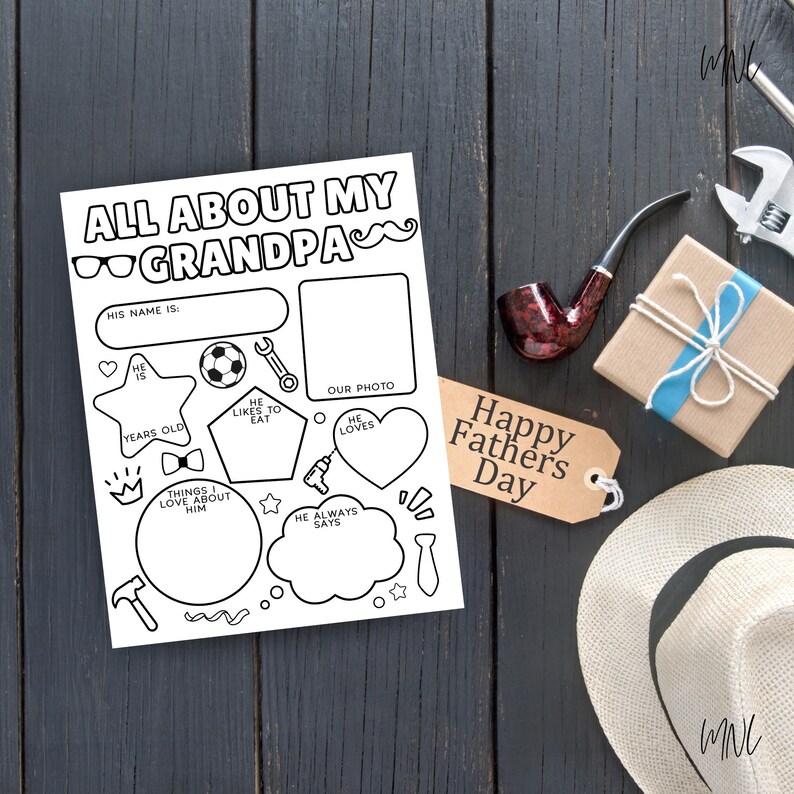 Puede incluir: Una p&aacute;gina para colorear imprimible con el texto "All About My Grandpa" y un bigote. La p&aacute;gina incluye indicaciones para que un ni&ntilde;o complete informaci&oacute;n sobre su abuelo, como su nombre, edad, cosas favoritas para comer y cosas que le gustan de &eacute;l. Tambi&eacute;n hay espacios para una foto y para que el ni&ntilde;o dibuje im&aacute;genes.