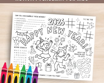 Frohes Neues Jahr Tischset zum Drucken, Neujahr Kinder Aktivität für Klassenzimmer, Aktivitätsblatt, Neujahrs Malseite, Kinderspiel, PDF