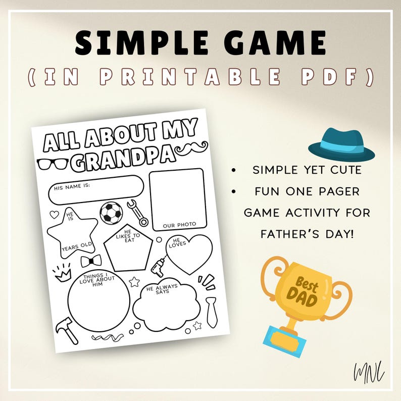 Puede incluir: Un juego imprimible en blanco y negro para el D&iacute;a del Padre. El juego se titula "Todo sobre mi abuelo" e incluye indicaciones para que los ni&ntilde;os rellenen informaci&oacute;n sobre su abuelo, como su nombre, edad, cosas favoritas para comer y cosas que les gustan de &eacute;l. El juego tambi&eacute;n incluye un espacio para una foto del ni&ntilde;o y su abuelo.