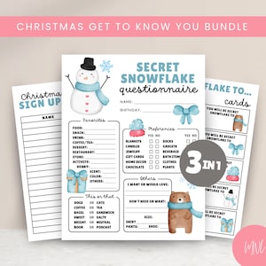 Geheime Schneeflocke Fragebogen Bundle für Weihnachtsfeier, Arbeitsgeschenkbörse Geschenkliste Ideen für Schneeflocke Geschenk Fragebogen druckbare PDF