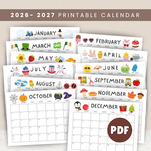 Può includere: Un calendario stampabile 2026-2027 con dodici pagine mensili e illustrazioni stagionali. Ogni pagina mostra il nome del mese, i giorni della settimana, una griglia per le date e icone colorate che rappresentano festività e stagioni dell'anno.