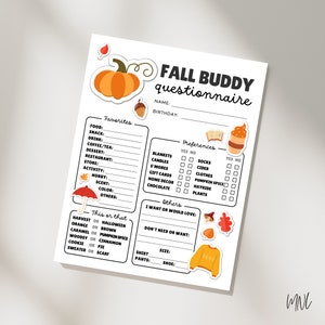Fall Questionnaire for Fall Gift Exchange, Fall Buddy Questionnaire ...