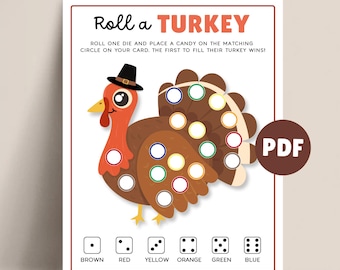 May include: A printable Thanksgiving game titled "Roll a Turkey." The game features a cartoon turkey with a black hat and colorful circles. The game instructions are included, along with dice and color-coded circles for candy placement.
