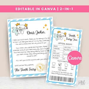 Tooth Fairy Kit Editable Template Set of 2 – Tooth Fairy Letter and Lost Tooth Receipt, Editable Tooth Fairy for Boy, Blue, Canva Template