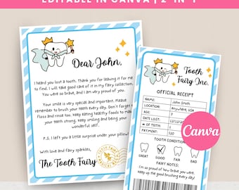 Kit da Fada do Dente - Conjunto de 2 Modelos Editáveis: Carta da Fada do Dente e Recibo de Dente Perdido, Fada do Dente Editável para Menino, Azul, Modelo para Canva