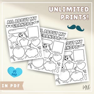 Puede incluir: Hoja de actividad imprimible en blanco y negro "Todo sobre mi abuelo" con espacios para rellenar, espacios para dibujar y un lugar para una foto. La hoja est&aacute; dise&ntilde;ada para que los ni&ntilde;os aprendan sobre sus abuelos.