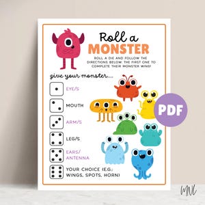 Könnte beinhalten: Ein farbenfrohes, druckbares Spiel mit dem Titel "Roll a Monster". Das Spiel zeigt eine rosa Monsterillustration und Anweisungen zum Würfeln, um ein Monster zu erstellen. Enthält Illustrationen von Monsterteilen und den Text "PDF".