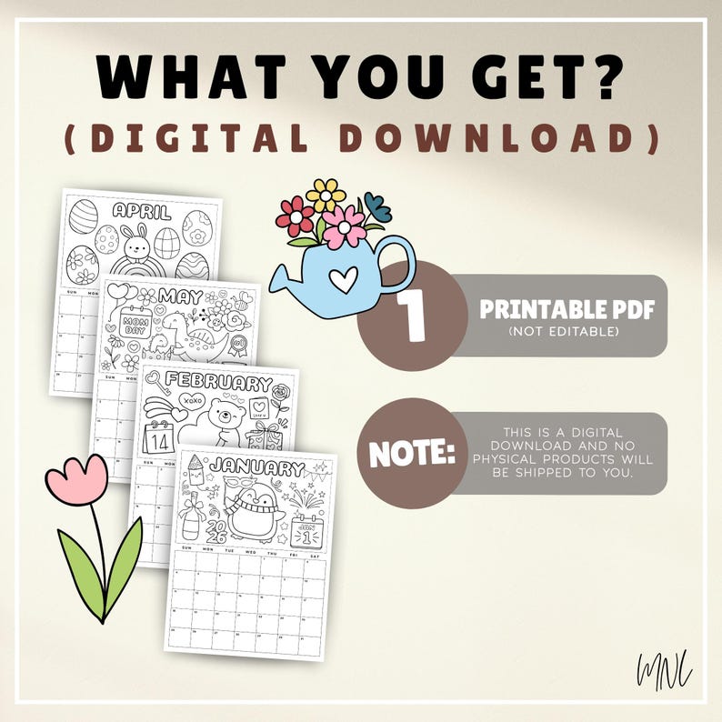 Kids Monthly Calendar 2026, Printable Coloring Calendar for Kids, 2026 ...