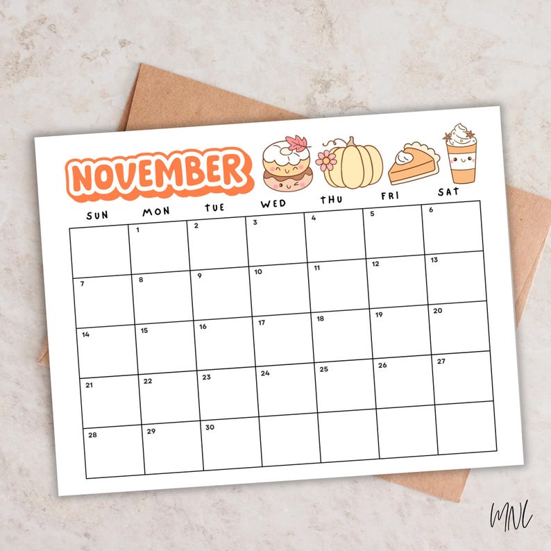 May include: A November calendar page featuring a grid with thirty numbered days. The header displays the word NOVEMBER in orange, accompanied by illustrations of a donut, a pumpkin, a slice of pie, and a coffee cup with a smiling face.