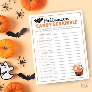 May include: A printable Halloween-themed game with a black bat and orange and black cupcake illustration. The game is called "Candy Scramble" and asks players to unscramble 15 candy-related words.